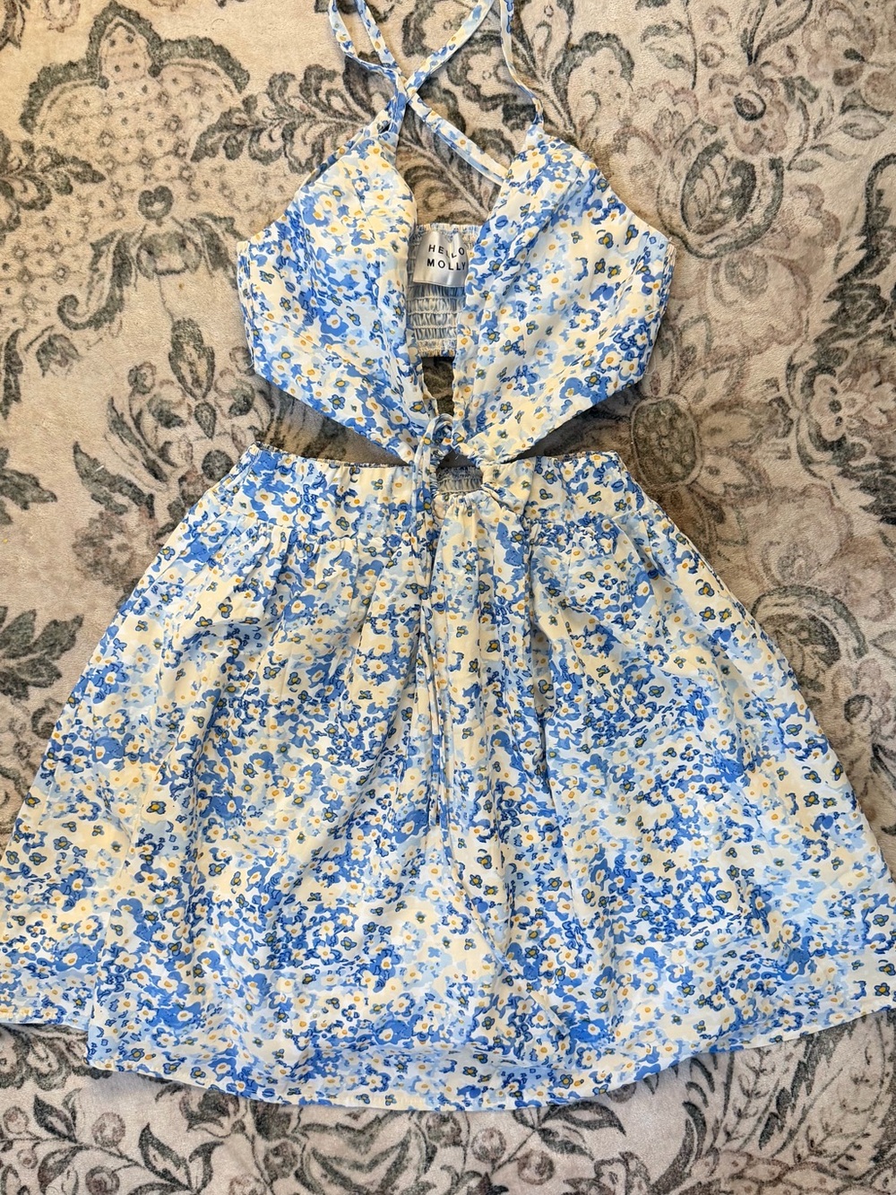 Hello Molly Yellow and Blue Floral Tie-Front Halter Dress